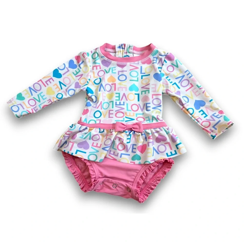 Rufflebutts Love Long Sleeve Rash Guard One Piece Swimsuit Infant Girls 6-12m